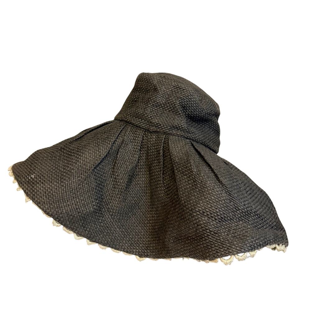 MudPie Straw Sun Hat Gray Wide Brim Lace Trim Pleated Summer Beach Resort Boho